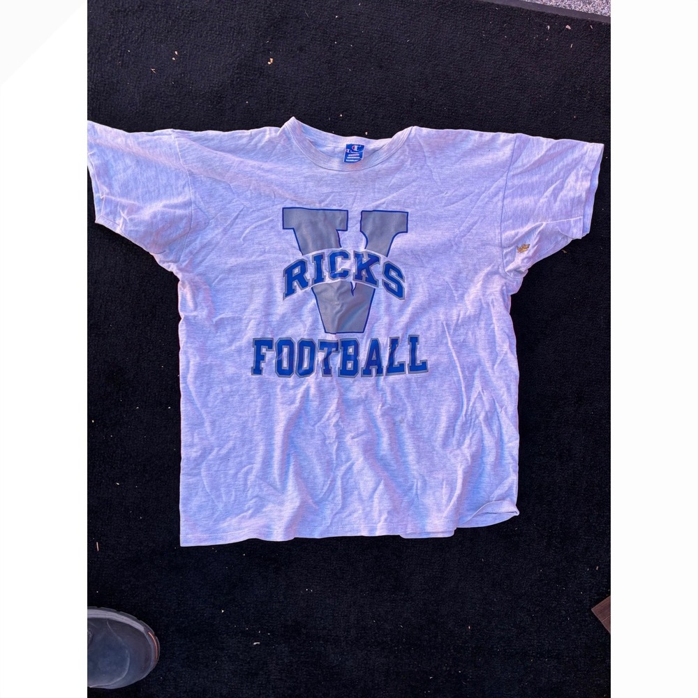 Vintage Champion Ricks Football T-Shirt Mens 2XL Gray Made in USA Graphic Tee